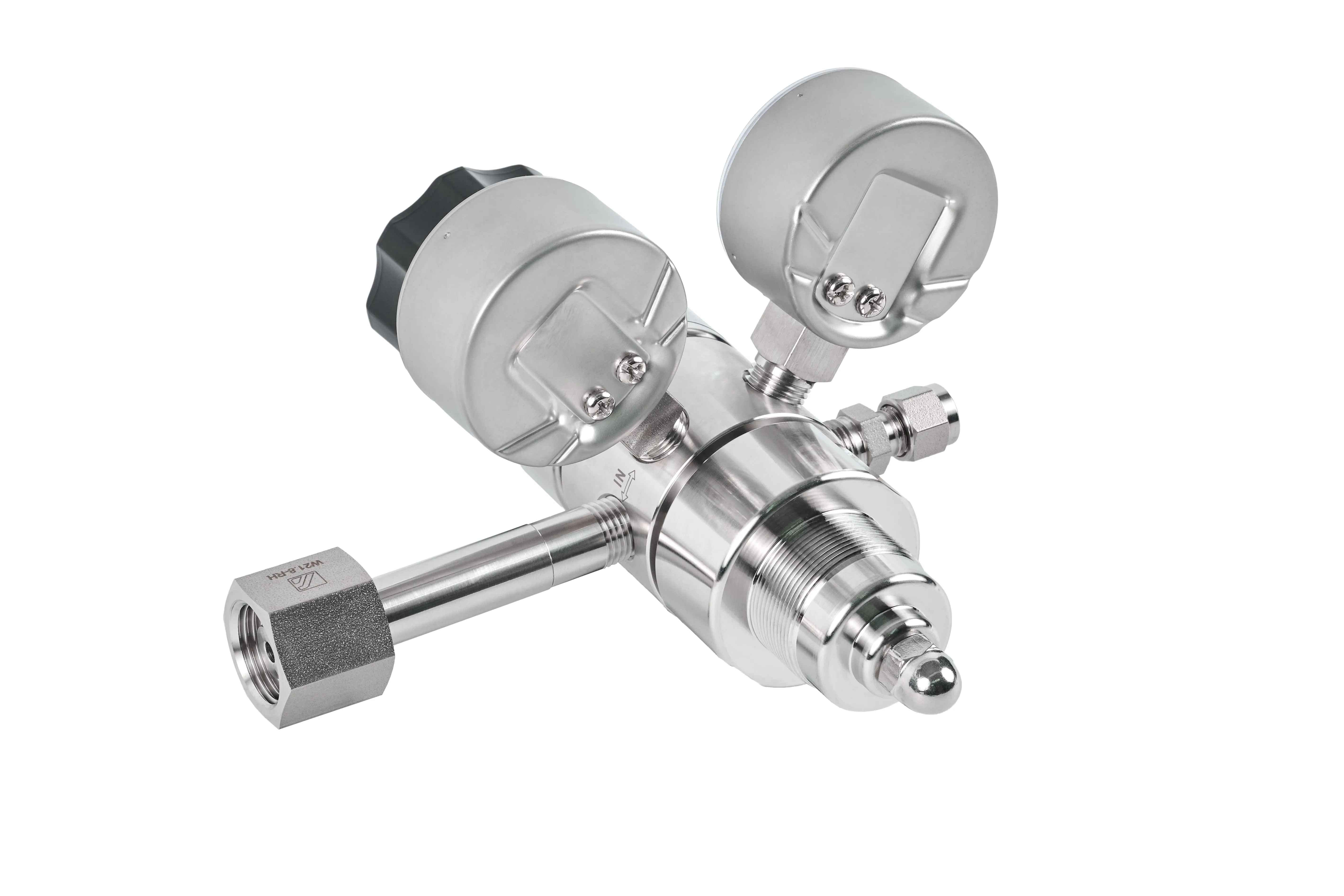 Регулятор (редуктор) баллонный двухступенчатый AMFLO R31LMDR нержавеющая сталь , 5-ти портовый с двумя манометрами, с предохранительным клапаном, давление на входе до 206 бар. CV-0.08